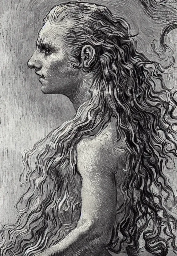 Image similar to perfectly centered portrait front view of a beautiful biomechanical moon goddess, flowing hair, intense stare, sweet sarcastic smile, symmetrical, concept art, intricate detail, volumetric shadows and lighting, realistic oil painting by van gogh, gustave dore,