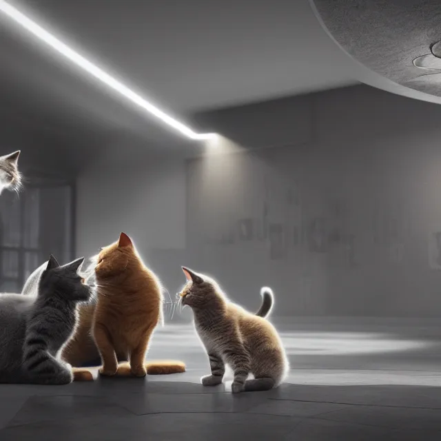 Image similar to cats in a business meeting, dark cinematic, volumetric, realistic, cinematic lighting, ray tracing, unreal engine 5, unreal engine render, octane render, hyper realistic, photo, 8 k