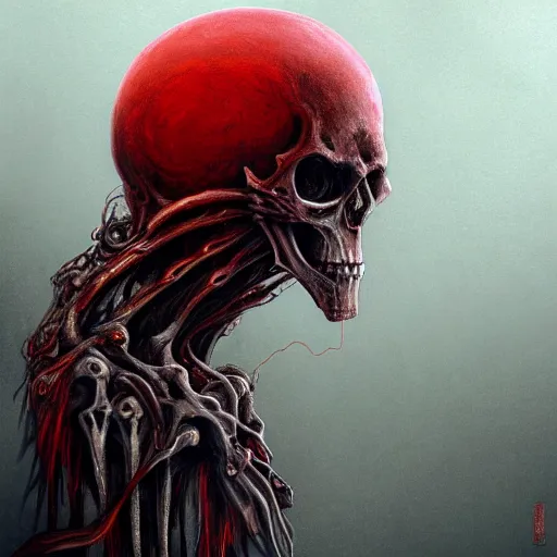 Image similar to a chthonic spirit of skeleton with a wizard hat on head eats souls, very very highly detailed, digital painting, red lake, artstation, concept art, smooth, sharp focus, illustration, art by Ayami Kojima, Beksinski, Giger