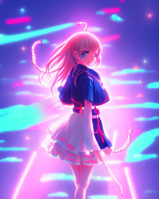 Image similar to anime style, vivid, expressive, full body, 4 k, painting, a cute magical girl with a long wavy hair wearing a sailor outfit, correct proportions, stunning, realistic light and shadow effects, neon lights, studio ghibly makoto shinkai yuji yamaguchi