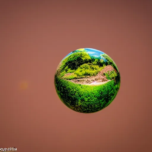 Prompt: macro photo bright day of a tiny sphere containing an oasis world on the ground in the gobi desert