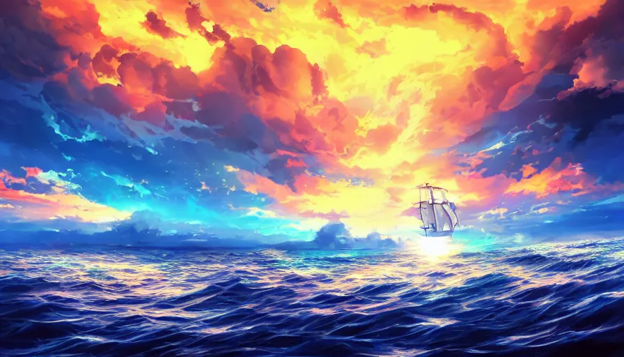 Image similar to one piece ship sailing, dynamic sky, sun sunset, with blue light piercing through clouds, makoto shinkai, royal blue colors, lighting refraction, volumetric lighting, pixiv art, highly detailed, anime art, symmetrical, wlop, anime art