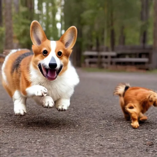 Image similar to corgi monster, children running away, forest