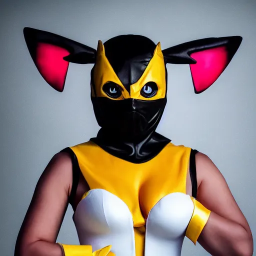 Prompt: woman dressed up as mortal kombat pikachu, cosplay, fashion portrait by Bruce Webber, studio lighting, 4k, beautiful highly symmetric features