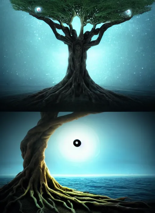 Image similar to a god tree from which planets or galaxies hang instead of futas, the tree is on top of a calm sea, in the background there is an eye whose iris coincides with the tree. fantasy art, horror, nightmare, photo realistic, dynamic lighting, artstation, poster, volumetric lighting, very detailed faces, 4 k, award winning