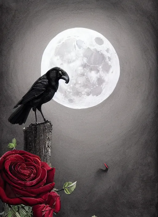 Image similar to portrait, A crow with red eyes in front of the full big moon, book cover, red roses, red white black colors, establishing shot, extremly high detail, foto realistic, cinematic lighting, pen and ink, intricate line drawings, by Yoshitaka Amano, Ruan Jia, Kentaro Miura, Artgerm, post processed, concept art, artstation, matte painting, style by eddie mendoza, raphael lacoste, alex ross