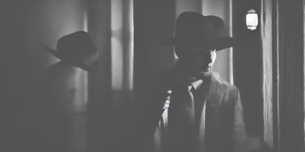 Prompt: man wearing a fedora, medium shot, neo noir, chiaroscuro lighting, cinematic, atmospheric, 35mm lens