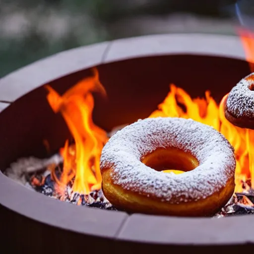 Image similar to a cat cooking a donut in a fire pit