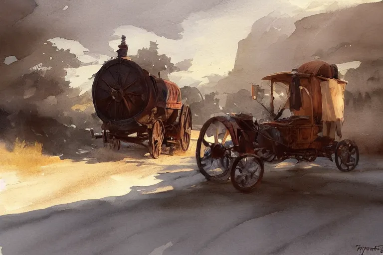 Prompt: small centered on white watercolor paper, paint brush strokes, abstract watercolor painting of wagon, midday sharp light, dust, cinematic light, american romanticism by hans dahl, by jesper ejsing, by anders zorn, by greg rutkowski, by greg manchess, by tyler edlin