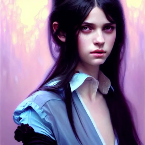 Image similar to portrait of teenage girl with long glossy black hair, blue eyes, glowing skin, fashion model features, fantasy, intricate, elegant, dress shirt and tie, highly detailed, digital painting, artstation, concept art, smooth, sharp focus, illustration, art by Krenz Cushart and Artem Demura and alphonse mucha