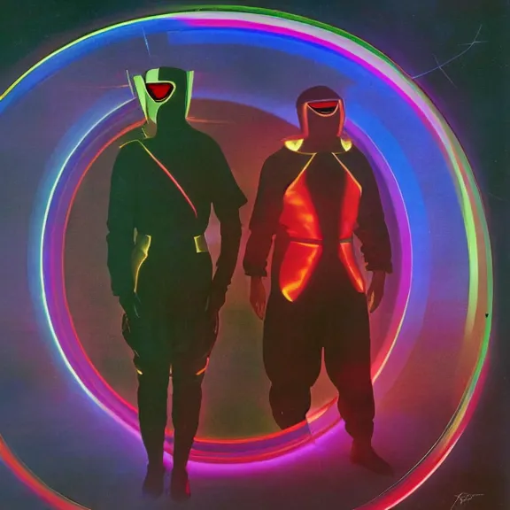 Prompt: two time generals wearing flight masks and red rick owens flight suits with their hands behind their backs inside the glowing geometric rainbow portal to the sixth dimension by frank frazetta