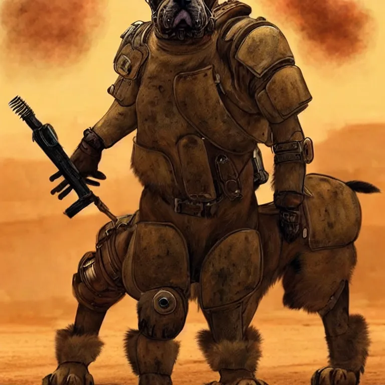 Prompt: a good ol'floppy - eared bloodhound pup fursona ( from the furry fandom ), heavily armed and armored facing down armageddon in a dark and gritty version from the makers of mad max : fury road. witness me.