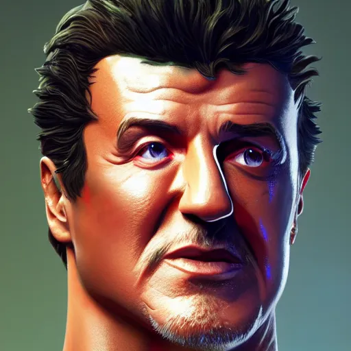 Prompt: portrait of a cyborg sylvester stallone, metallic skin, led lights, high technology inplants, mattepainting concept blizzard pixar maya engine on stylized background splash comics global illumination lighting artstation lois van baarle, ilya kuvshinov, rossdraws