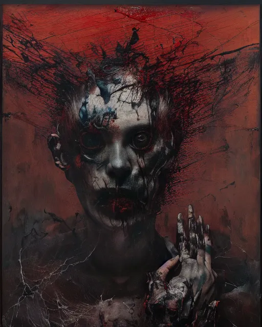 Image similar to the embodiment of dark surrealism, a brutalist designed, gothic, rich deep colours, charcoal, painted by francis bacon, adrian ghenie, nicola samori, james jean and petra cortright, part by gerhard richter, part by takato yamamoto. 8 k masterpiece.