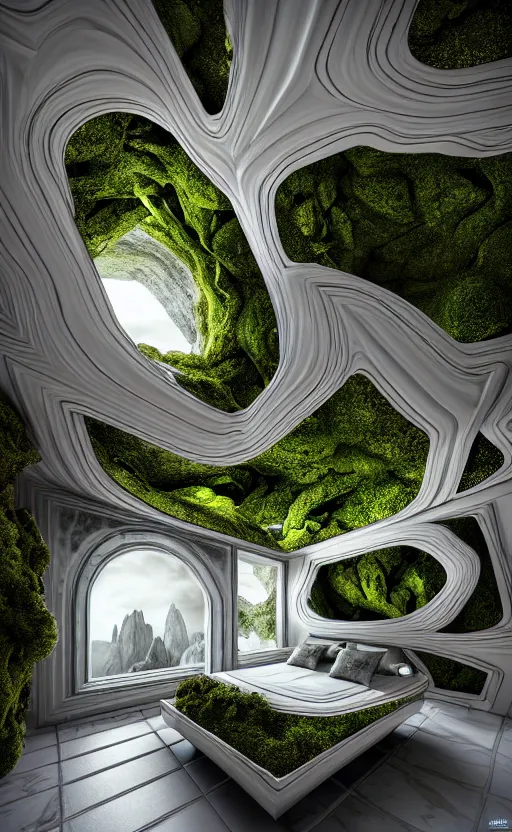 Image similar to highly detailed ultra sharp 3 d render villa interior cinematic composition of a smooth ceramic porcelain biomorphic magnolia stone nebula fluid fractal sci - fi surreal architecture landscape, granite, metallic, magnesium, marble, moss and lichen, vincent callebaut composition, mamou - mani, archviz, beautiful lighting, 8 k, unreal engine, hdr,