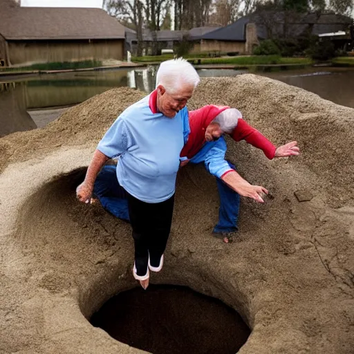 Prompt: aarp magazine photo, an elderly couple falling through a bottomless hole