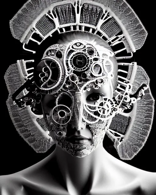 Image similar to surreal black and white photo portrait of complex biomechanical young female cyborg with a mandelbrot fractal metal lace face, silver hair, 150 mm lens, soft rim light, fine metal foliage super big lace collar, Alexander McQueen, high fashion, haute couture, rococo, steampunk, silver filigree details, anatomical, facial muscles, cable wires, microchip, elegant, hyper realistic, octane render, unreal engine, by Man Ray and Dora Maar, volumetric lighting, 8k,