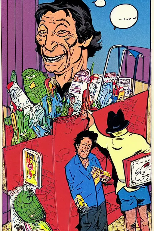 Image similar to jim varney in a shopping cart outside of k - mart, 6 0 ’ s style cartoon cover by jean henri gaston giraud, comic book artist moebius, comic book arzach style