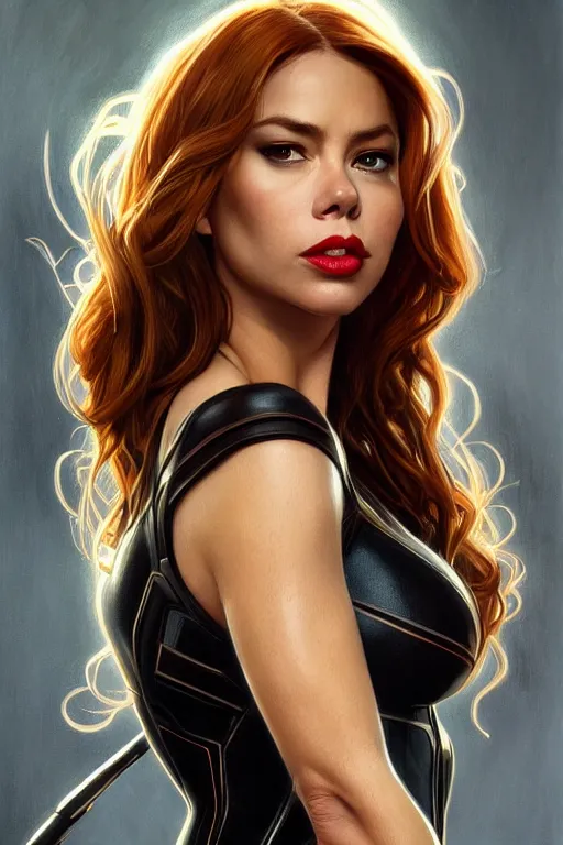 Prompt: sofia vergara as black widow, realistic portrait, symmetrical, highly detailed, digital painting, artstation, concept art, smooth, sharp focus, illustration, cinematic lighting, some reflexions, natural autumn sunlights, art by artgerm and greg rutkowski and alphonse mucha