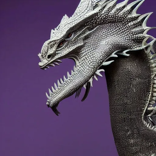 Image similar to a 128 foot tall elegant female silver western dragon with purple accents, having a 360 foot long wingspan; The scales smooth and streamlined, while having a sleek and sharp crest; two epic eyes bright blue right above the jawline; the snout sharp and pointed, yet sleek and elegant; she looks toward the camera; close-up bust, high quality 16k digital art, deviantart, furaffinity