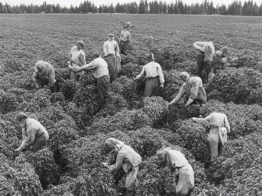 Prompt: potato harvesting in finnish farm, 1 9 6 6, home album pocket camera photo, detailed facial features, hyper realistic