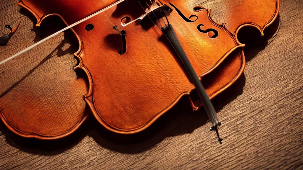 Image similar to a violin on an ancient wood table in victorian house, close up view, 3/4 view, beautiful reflexions, detailed wooden table, photorealistic, photorealism, diffuse light, octane render