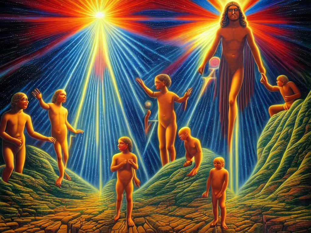 Image similar to a beautiful future of divine human spiritual evolution, by david a. hardy, wpa, public works mural, socialist