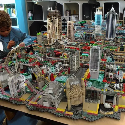 Prompt: a huge abandoned city build out of lego.