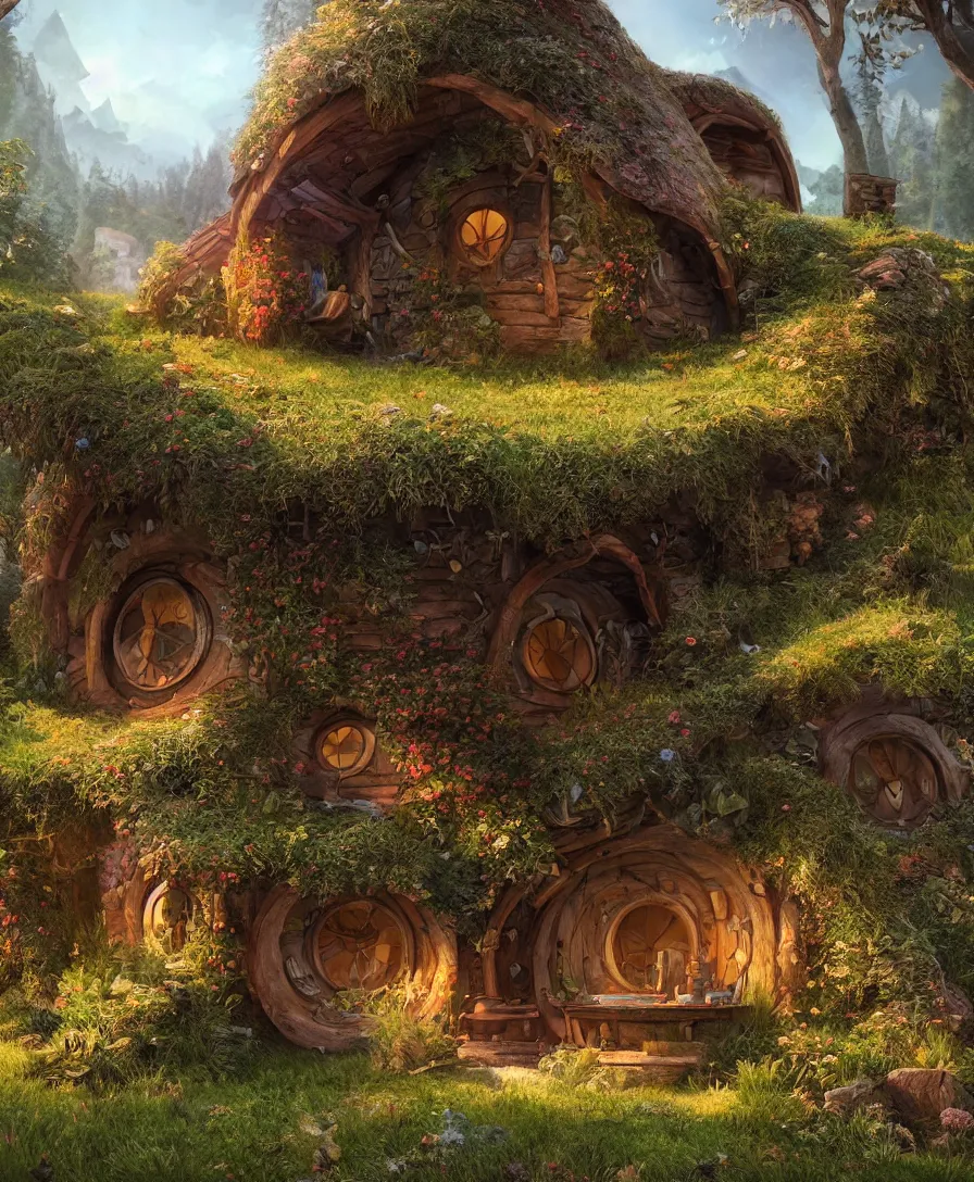 Prompt: beautiful Hyperrealistic hobbit house, highly detailed, digital painting, trending artstation, concept art, illustration, cinematic lighting, vibrant colors, photorealism, epic, octane render