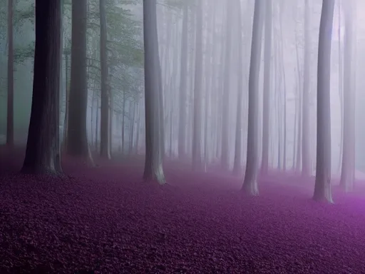 Prompt: a misty forest, futuresynth design, dark purple color scheme, 4 k