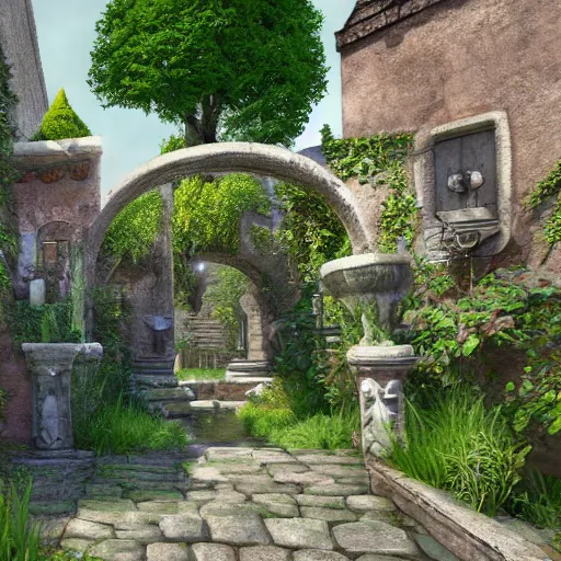 Prompt: medieval mystery garden very detailed unreal engine volumetric light hyper realistic art station