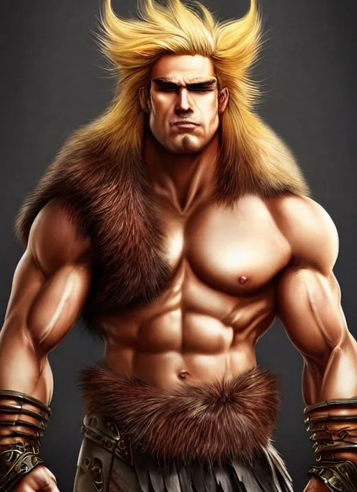 Prompt: barbarian, jackson wang, fierce, big muscles, large muscular chest, fur leather armor!!! handsome golden hair male!! character concept art, sharp focus, octane render! unreal engine 5! highly rendered!! trending on artstation!! detailed linework!! illustration by artgerm, wlop, and chie yoshii