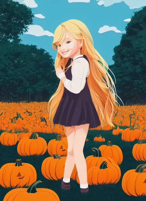 Prompt: little girl with long blonde hair happy at the pumpkin patch. clean cel shaded vector art. shutterstock. behance hd by lois van baarle, artgerm, helen huang, by makoto shinkai and ilya kuvshinov, rossdraws, illustration, art by ilya kuvshinov