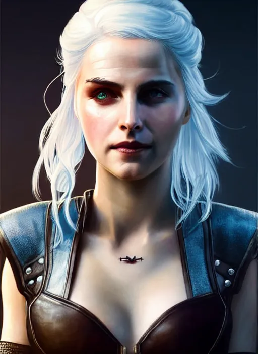 Prompt: portrait of Ciri from the Witcher wearing a sci-fi outfit as a character from Cyberpunk 2077, looking at camera, intricate, elegant, sci-fi, extremely detailed, digital painting, artstation, concept art, smooth, sharp focus, illustration, ambient lighting, incredible art by artgerm and greg rutkowski and alphonse mucha and simon stalenhag