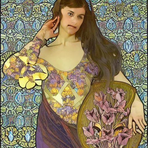 Image similar to a seamless pattern, a pattern of irises and calla lilies, repeating art, symmetry, aligned edges, art by alphonse mucha, art by sherree valentine daines