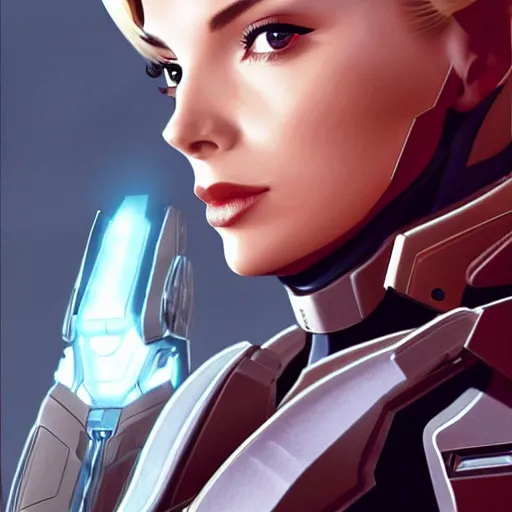 Image similar to A combination of Grace Kelly's and Ada Wong's and Ashley Greene's appearances with blonde hair wearing Forerunner armor from Halo, high tech, action shot, angular, full body portrait, futuristic, dramatic, fantasy, intricate, elegant, highly detailed, artstation, matte, sharp focus, 8K, art by Artgerm and Greg Rutkowski and Alphonse Mucha