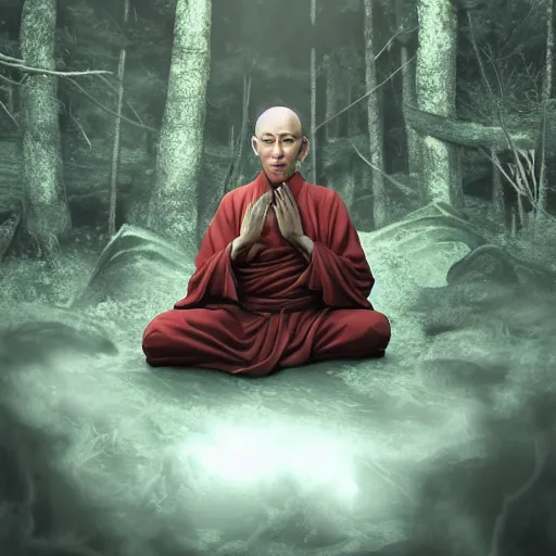 Image similar to a dragon sage monk yamabushi meditates in a dark forest. surrounded by serpents of all sized, danzo, orochimaru madara, ultra hyper detailed realistic matte painting artstation narutoverse stylized beautiful lighting moody gloomy