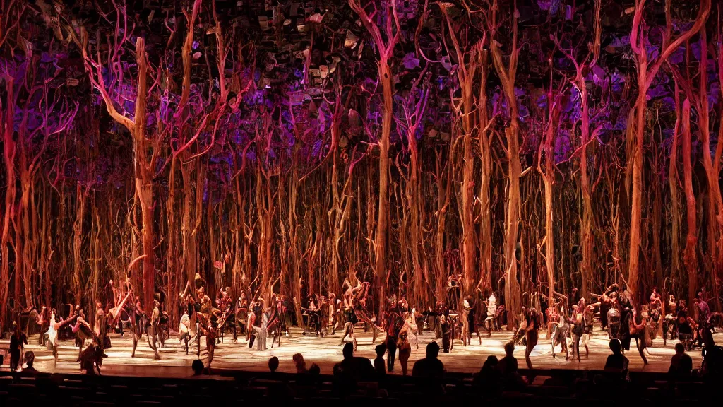 Prompt: fantastical opera set featuring glowing stacked computer monitors on stage, with dancers suspended from the ceiling. And trees on stage. A theater set of a forest with stacked computers. Professional photo from the perspective of the audience with the blurry shadows of audience members in the foreground. Inside the Metropolitan Opera House.