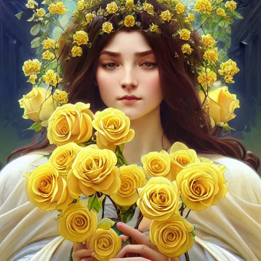 Image similar to perfectly detailed goddess princess of yellow roses!! blessed by nature with ever - increasing physical mental perfection, symmetrical! intricate, highly detailed, biblical divine holy perfection!! digital painting, artstation, concept art, smooth, sharp focus, illustration, art by artgerm and greg rutkowski and alphonse mucha