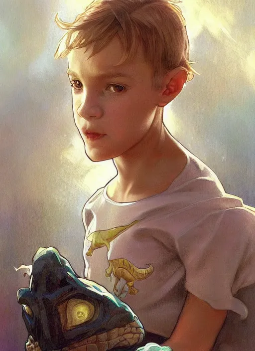 Image similar to a little boy with short straight blonde hair. he is dino boy. he is wearing a dinosaur themed superhero costume. clean elegant painting, beautiful detailed face. by artgerm and greg rutkowski and alphonse mucha