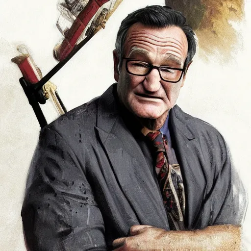 Prompt: Portrait of a Robin Williams in GTA V , art by Albert Bierstadt and James Gurney, highly detailed, digital painting, matte painting, concept art, illustration, oppressive lighting, trending on artstation, very detailed