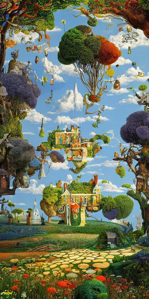 Image similar to a magical realism landscape in wonderland with house and trees by jacek yerka and salvador dali, detailed matte painting, 8 k resolution