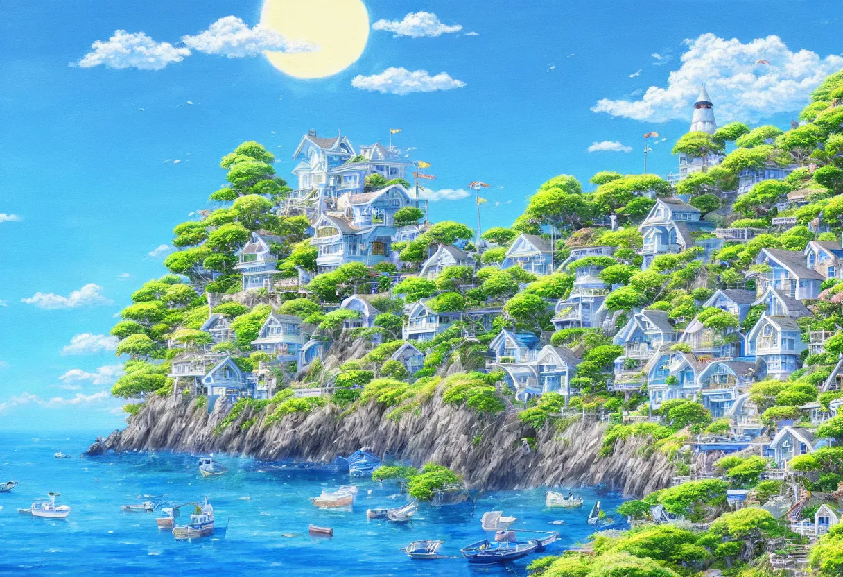 Image similar to a beautiful ultradetailed painting of a seaside house, sunny, close shot, studio ghibli sunlight, archdaily, wallpaper, highly detailed, trending on artstation