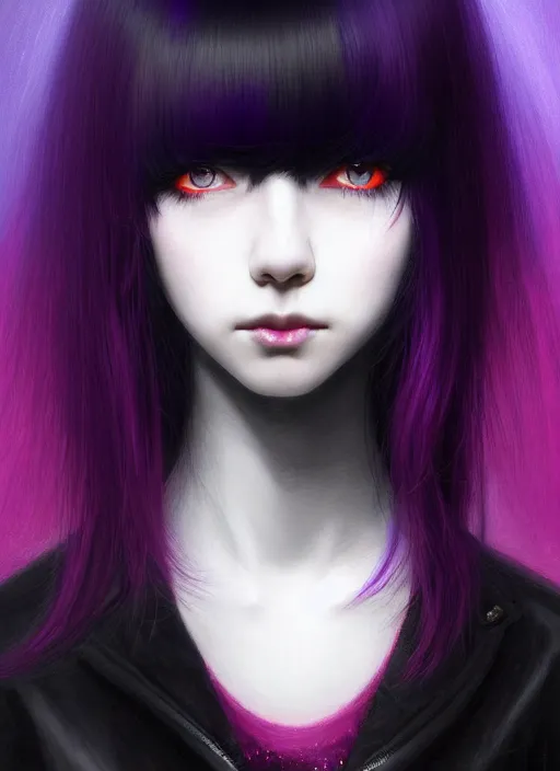 Image similar to hair blackbangs hair, white hair, blackbangswhitehair, portrait of teenage girl with black bangs, red irises, purple clothes, black bangs, bangs are white hair is black, intricate, elegant, glowing lights, highly detailed, digital painting, artstation, concept art, sharp focus, illustration, art by wlop, mars ravelo and greg rutkowski