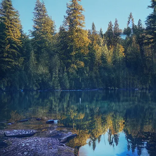 Prompt: Photo of a gorgeous meadow bathing in sunlight, magical lights floating around, trees and forest, a lake nearby, 4k, sharp, very detailed, cinestill 800t