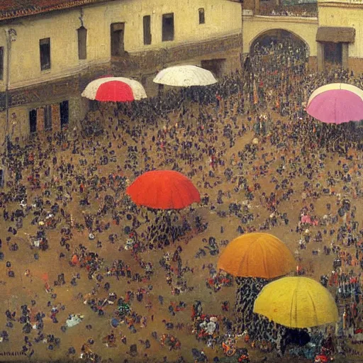 Image similar to dahomey officials holding flat colorful umbrellas in ahomey's huge main square, from above, 1905, highly detailed, oil on canvas, by ilya repin