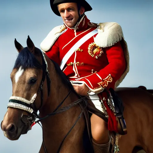 Image similar to closeup portrait of emmanuel macron dressed as napoleon riding a tiny miniature horse, natural light, sharp, detailed face, magazine, press, photo, steve mccurry, david lazar, canon, nikon, focus