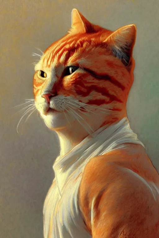 Prompt: painted portrait of rugged fat orange cat, masculine, powerful, handsome, upper body, white robe, fantasy, intricate, elegant, highly detailed, digital painting, artstation, concept art, smooth, sharp focus, illustration, art by gaston bussiere and alphonse mucha