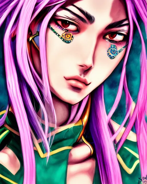 Image similar to portrait of madison beer, beautiful, elegant colorful, inspired by steel ball run manga, artstation trending, deviantart, highly detailed, focus, smooth, illustrated by hirohiko araki