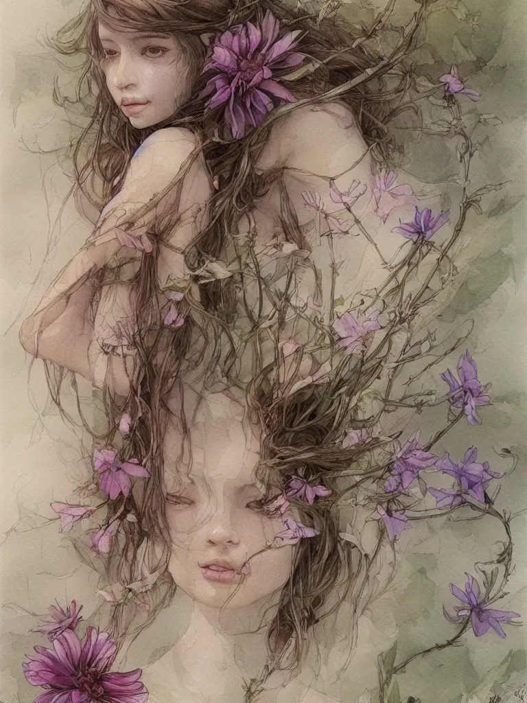 Image similar to study of a flower fairy, illustration, watercolor, alan lee, detailed, pretty, ethereal, realistic, artstation